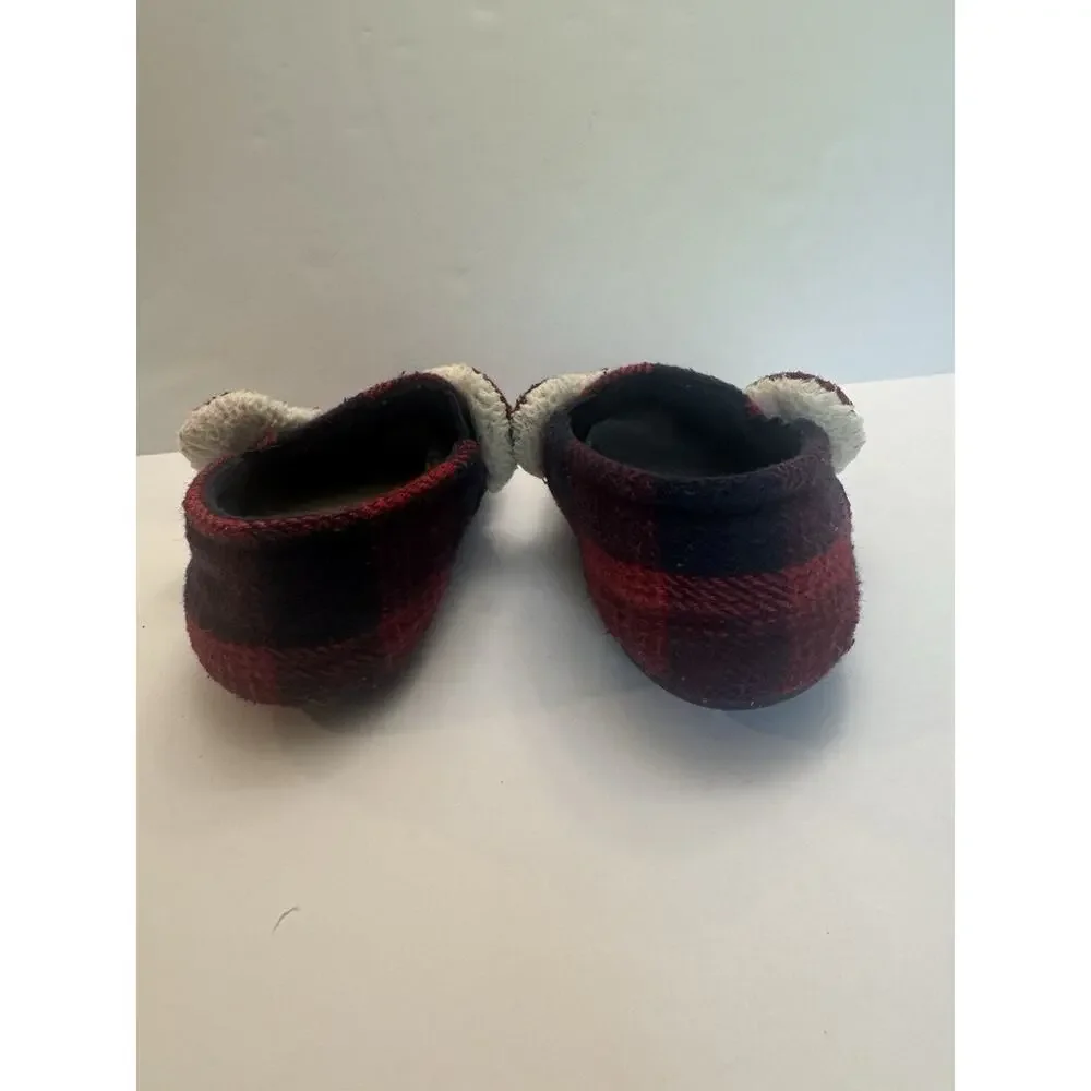 Dearfoams Lil Bear Buffalo Plaid Slippers Kids Size 7-8 Red Black Cozy